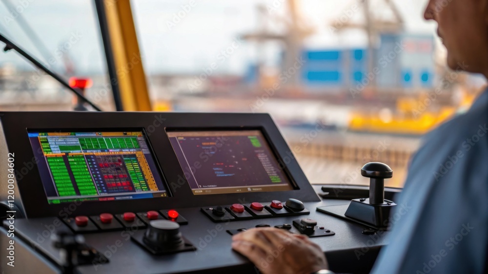 Aufkleber a medium closeup of a port crane operator focused on the control panel with vibrant screens displayi