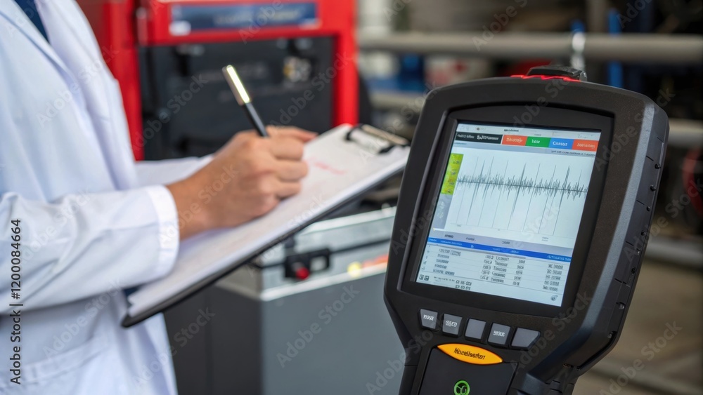 Aufkleber A medium closeup of a portable diagnostic tool displaying data readings while a technician takes notes emphasizing the integration of technology in maintenance procedures.