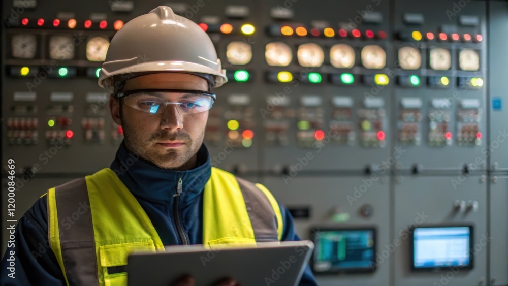 Fototapete A medium closeup of an operator wearing safety gear intently observing pipeline flow data on a tablet while standing in front of a large complex control panel filled with blinking