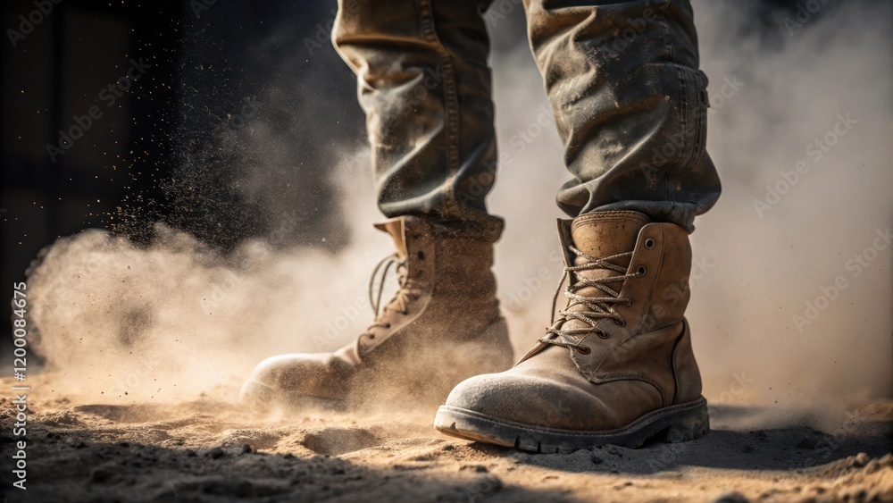 Aufkleber A medium closeup of an operators protective boots standing firmly on a dusty surface with misty sand particles swirling around emphasizing the working environments gritty