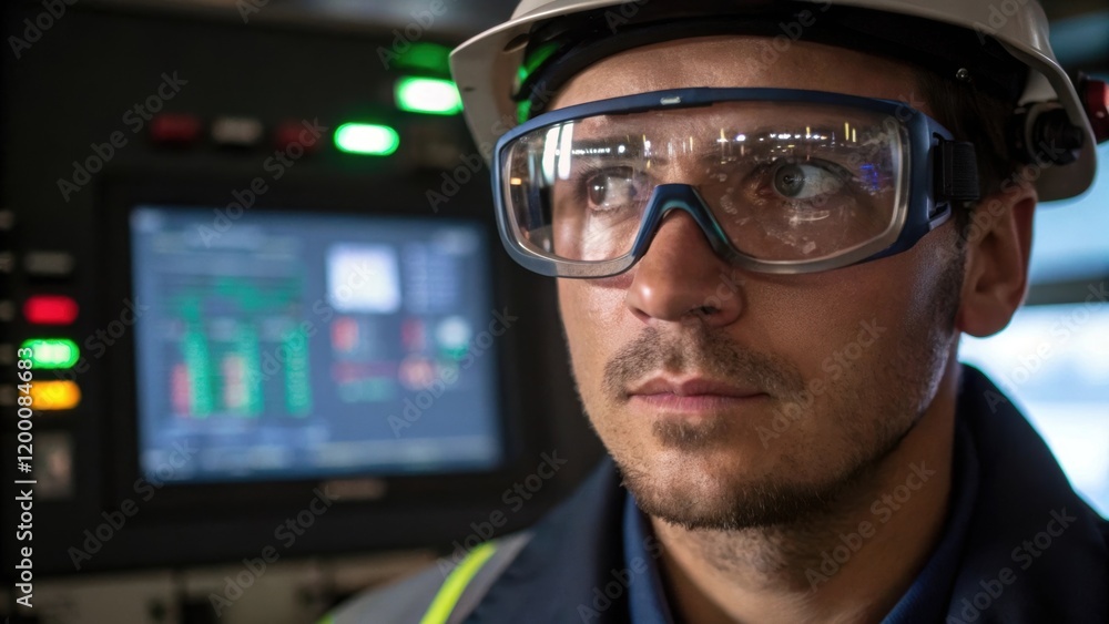 Poster a medium closeup of an operator wearing safety glasses observing the pumps operation on a nearby mon