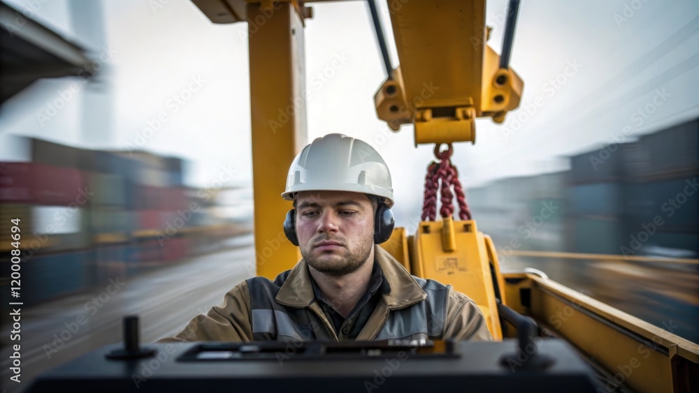 Aufkleber A medium closeup of an operator in a hard hat focused on the control panel with the cranes massive arm and the suspended load blurred in the background.