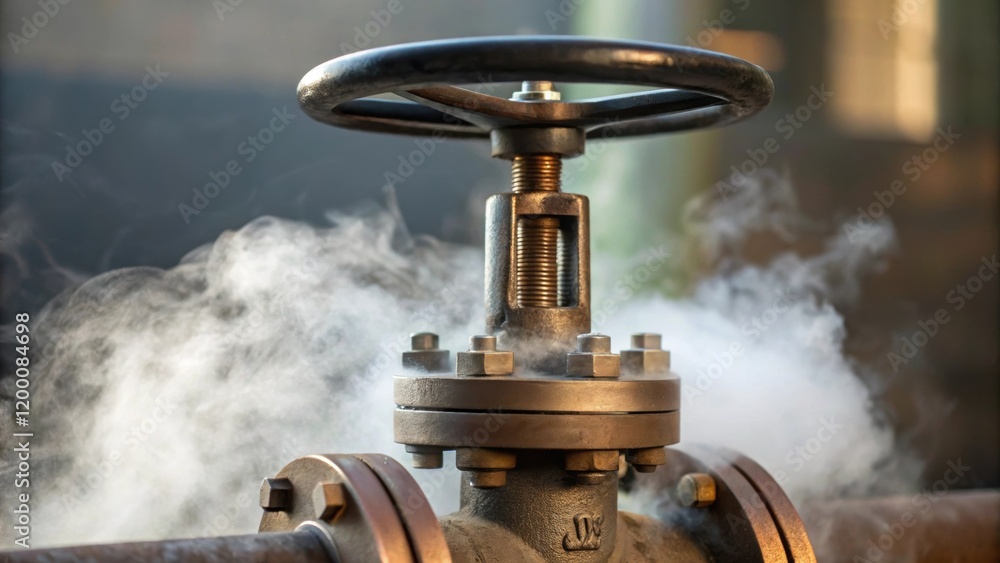 Poster A medium closeup of an open valve steam visibly escaping and wafting into the air an indicator of effective testing procedures.
