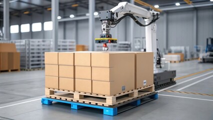 A medium closeup of a pallet being lifted by a robotic lifter illustrating the transfer of heavy goods with ease and precision in an automated workflow.