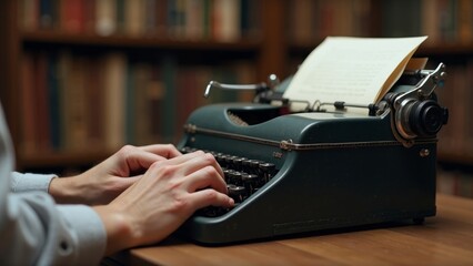 Hands typing on a vintage typewriter in a cozy home library, with an unfinished letter and rows of books