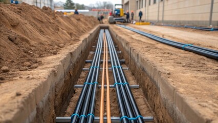 A medium closeup of an open trench where flexible piping is being carefully laid out revealing the network that connects the sprinkler system.