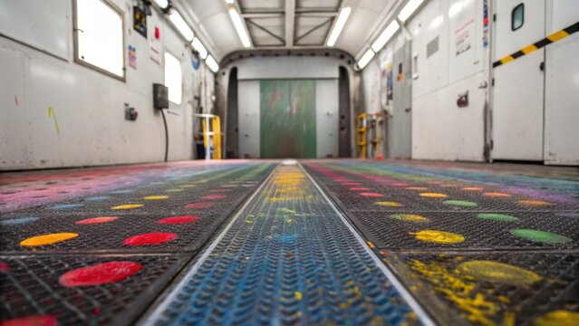 A medium closeup of an industrial spray booth highlighting the intricate patterns of overspray paint settled on the protective floor mats.