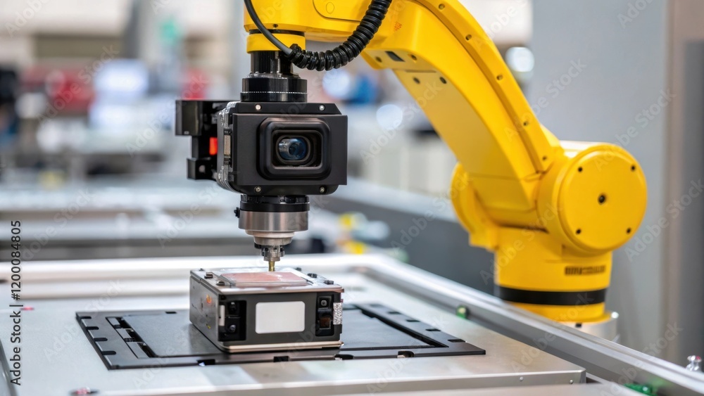 Poster A medium closeup of a robotic arm performing quality control using a camera sensor to inspect a finished product capturing the technologys precision in detail.