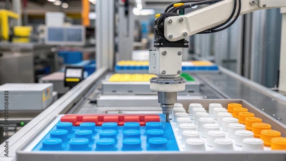 Leinwandbilder a medium closeup of a robotic arm deftly picking and placing molded plastic components onto an assem