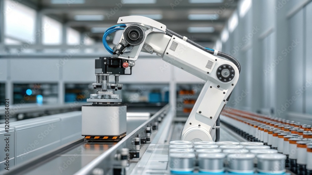 Poster A medium closeup of a robotic arm sorting containers with sensors and cameras integrated into its design deftly moving items along the assembly line.