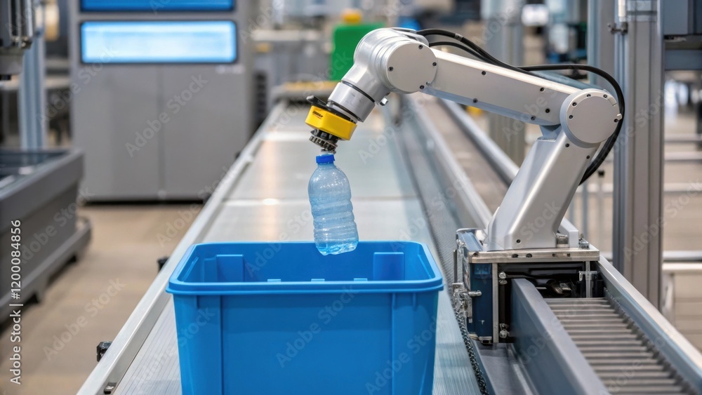 Aufkleber A medium closeup of a robotic arm in motion picking up a plastic bottle from the conveyor and placing it into a designated bin showcasing precision in automated sorting.
