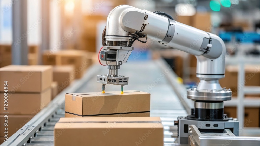 Fototapete A medium closeup of a robotic arm precisely picking up packaged goods with focus on the metallic joints and sensors highlighting the advanced automation technology at work.