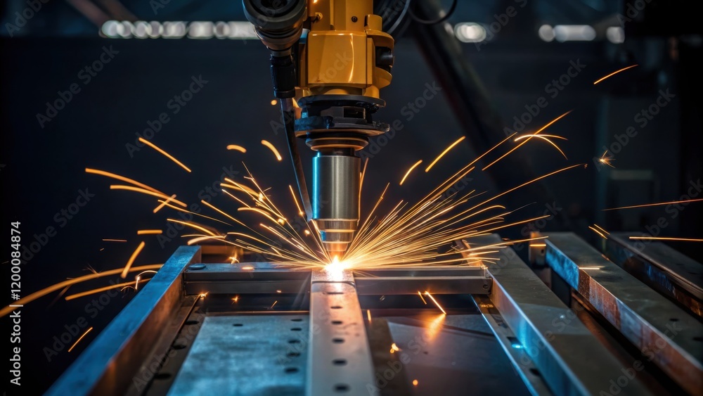Aufkleber A medium closeup of a robotic welding unit in action sparks flying as the welding torch combines metal parts highlighting the intensity and precision of the process.