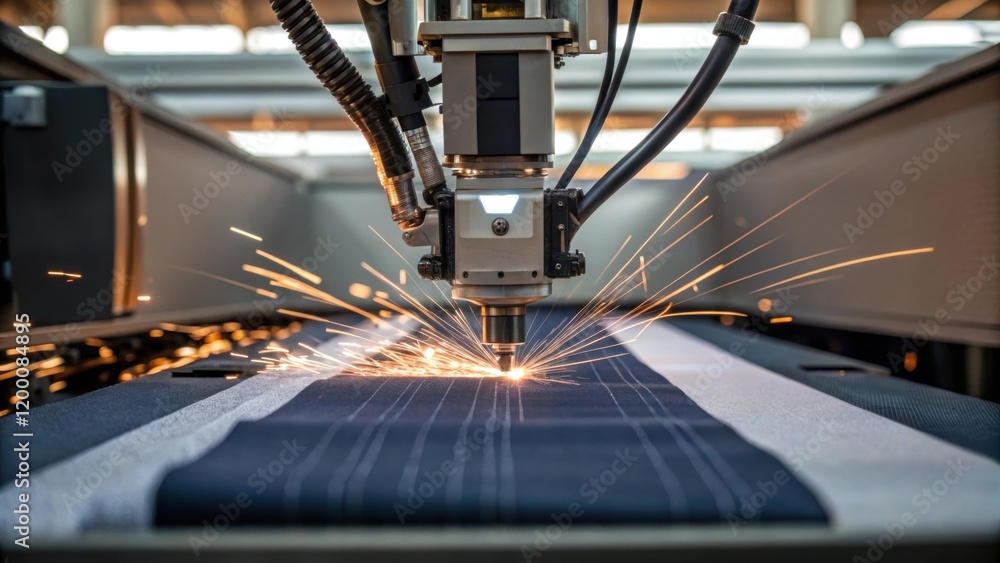 Aufkleber A medium closeup of a robot stitching together layers of fabric with sparks from a laser ting machine visible in the background illustrating integration of multiple technologies.