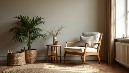 Fototapeta premium Elegant vintage room featuring an antique chair with natural elements decor