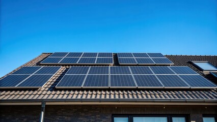 Obraz premium A medium closeup of a rooftop covered with multiple solar panels capturing the contrast between dark panels and the vibrant blue sky as a backdrop.