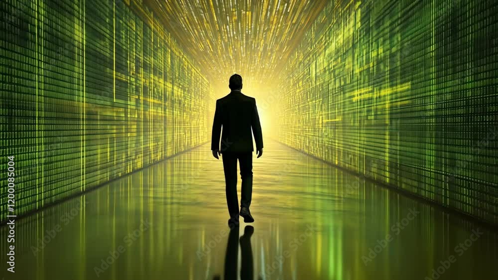 Aufkleber silhouette of a person walking through a vibrant digital corridor filled with green binary data