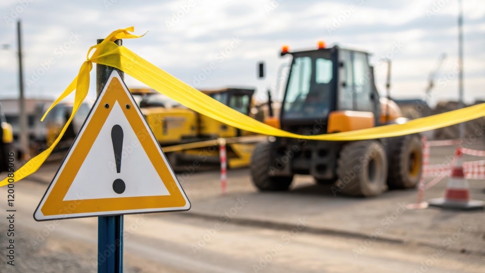 Poster a medium closeup of a sign warning of construction with yellow tape flapping gently in the breeze co