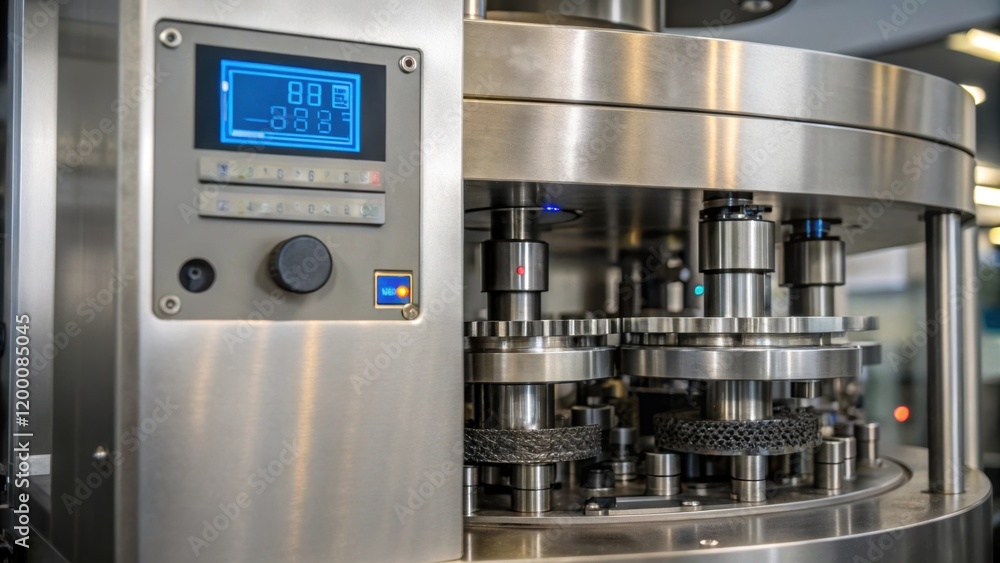Poster A medium closeup of a sleek metallic machine with digital displays revealing intricate gears and pistons in motion as they compress raw materials into highstrength seal forms.