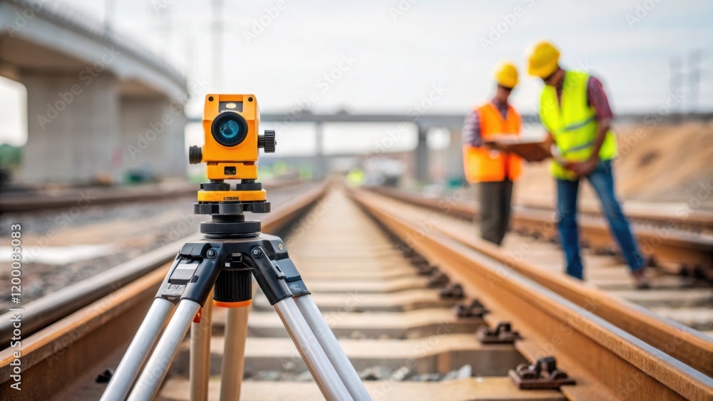 Poster A medium closeup of a surveying instrument on a tripod with a construction team in the background aligning measurements for accurate rail placement.