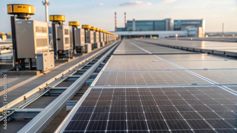 Aufkleber A medium closeup of a solar panel installation on the roof of the terminal showcasing the integration of sustainable technology in automated construction practices.