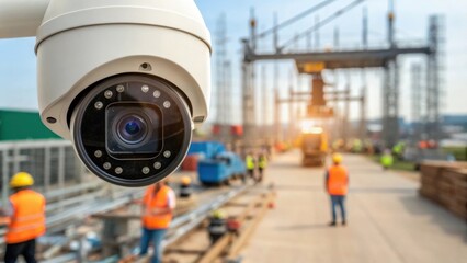 A medium closeup of a security camera with facial recognition technology monitoring the construction site emphasizing the importance of security in smart logistics.