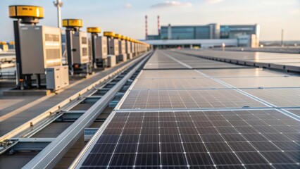 A medium closeup of a solar panel installation on the roof of the terminal showcasing the integration of sustainable technology in automated construction practices.
