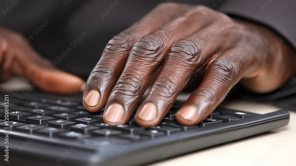 Poster close-up of dark-skinned hands typing on a keyboard. (1)