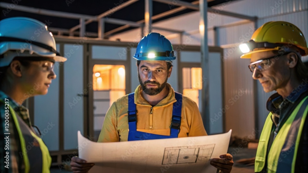 Aufkleber A medium closeup of a team leader discussing blueprints with workers their faces illuminated by task lights illustrating collaboration and planning in modular construction.