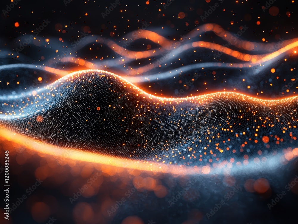 Poster abstract glowing particle waves. orange and blue futuristic digital data flow. technology or science