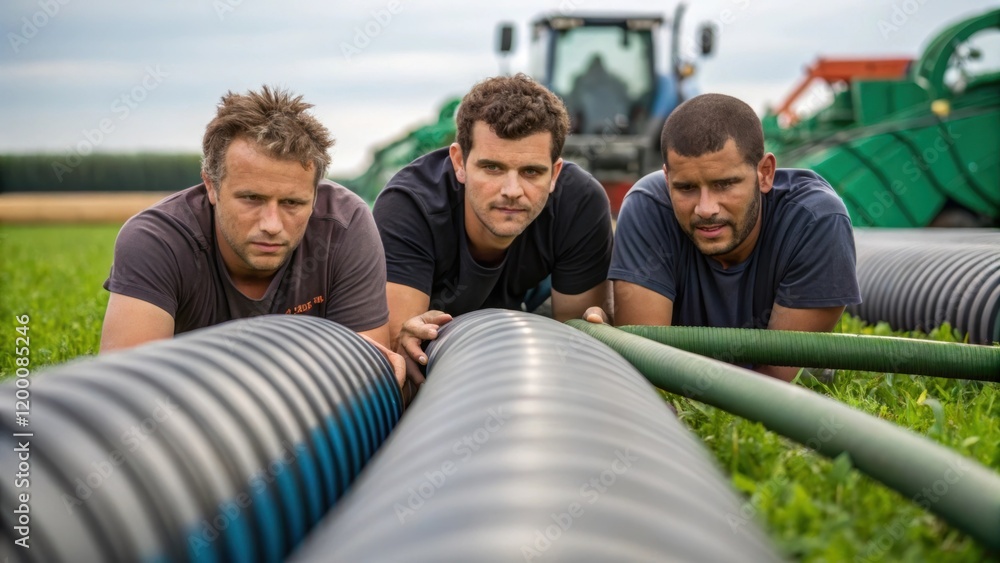 Aufkleber A medium closeup of a team of workers collaborating to lay down a large irrigation hose their expressions focused as they communicate and align the tubing accurately.
