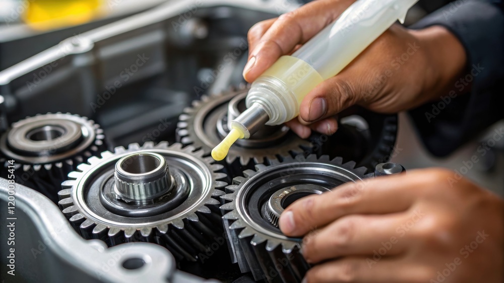 Poster a medium closeup of a technicians hands carefully applying lubricating grease to gears inside a moto
