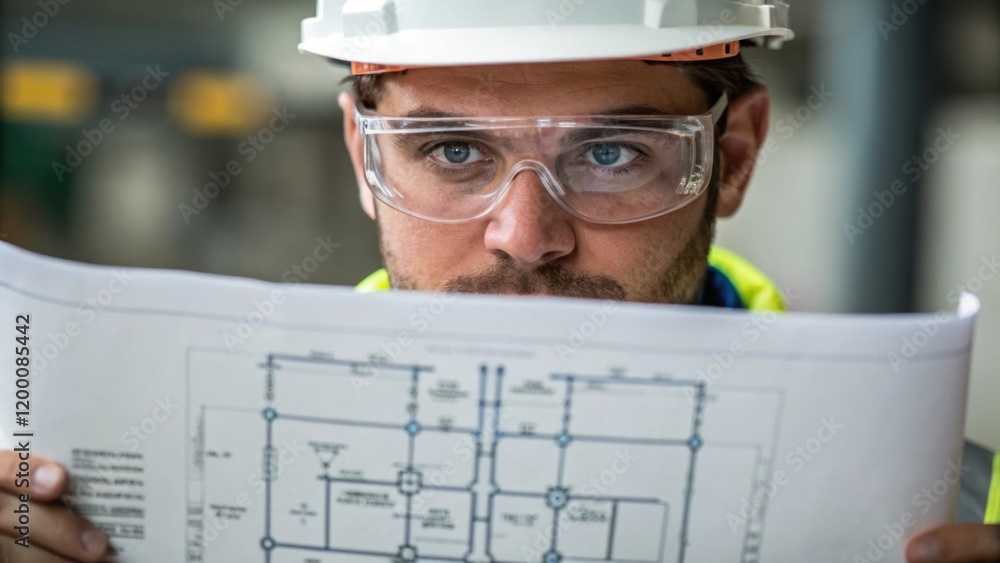 Aufkleber a medium closeup of a technicians face focused and serious as they examine a blueprint or diagram in