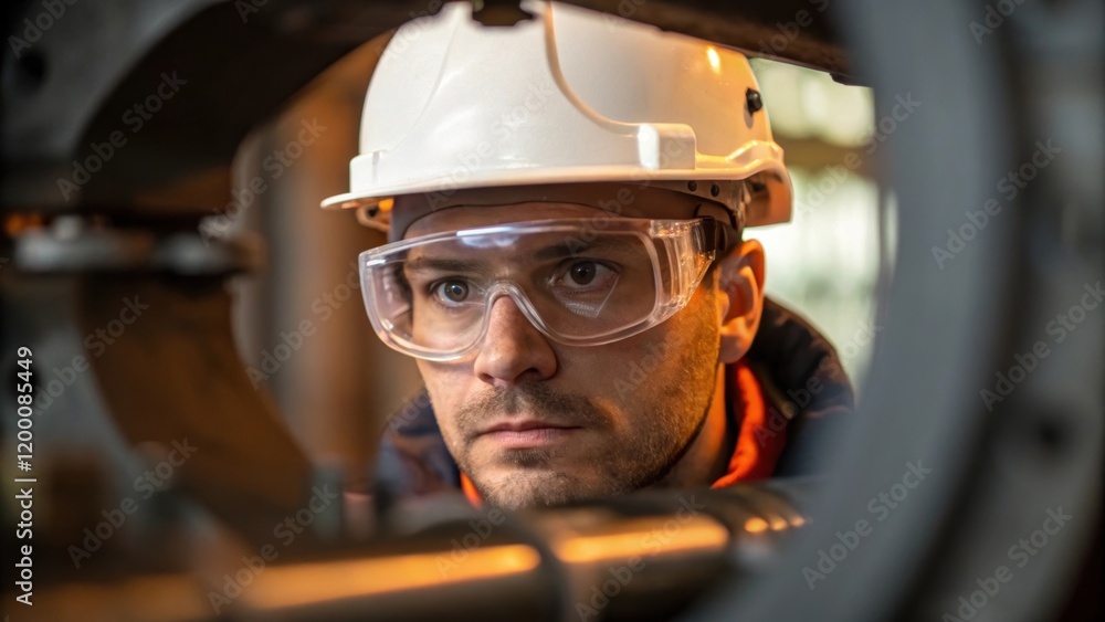 Poster a medium closeup of a technicians face wearing safety goggles and a hard hat who is intently observi