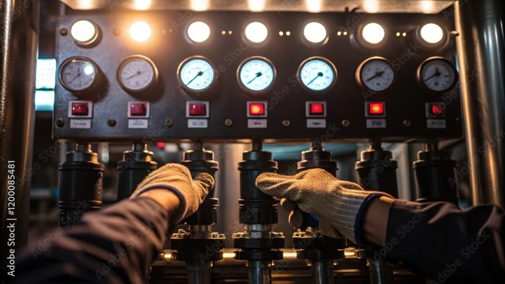 Poster a medium closeup of a technician in work gloves adjusting the control panel of an industrial pump wi