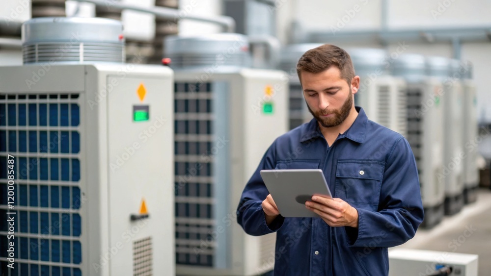 Poster A medium closeup of a technician logging maintenance details into a digital tablet while surrounded by various industrial air purification units capturing the connection between