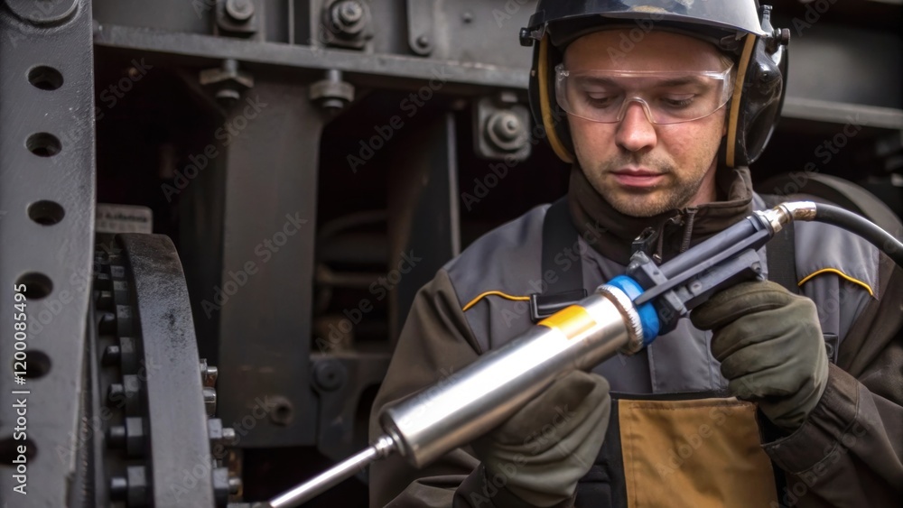 Aufkleber a medium closeup of a technician using a grease gun on moving parts of an industrial baler ensuring 