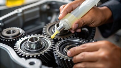 A medium closeup of a technicians hands carefully applying lubricating grease to gears inside a motor showing the importance of maintenance for longevity.