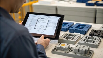 A medium closeup of a technician reviewing a digital blueprint displayed on a tablet with various modular components visible in the foreground highlighting the planning aspect of