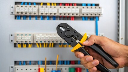 A medium closeup of a technician using a cable crimping tool with a backdrop of partially completed control panel components showcasing the tools and techniques essential for