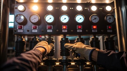 A medium closeup of a technician in work gloves adjusting the control panel of an industrial pump with gauges and switches illuminated under bright workshop lights.