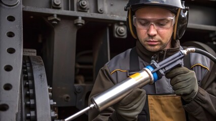 A medium closeup of a technician using a grease gun on moving parts of an industrial baler ensuring smooth operation and longevity.