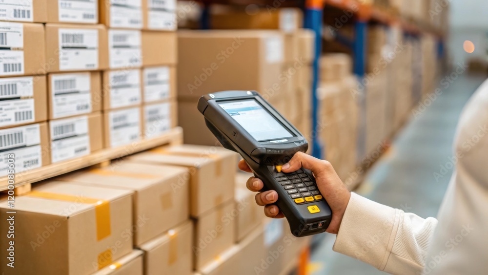 Poster A medium closeup of a warehouse employee using a handheld device to scan the barcodes of packages highlighting the interaction between human and load management systems.
