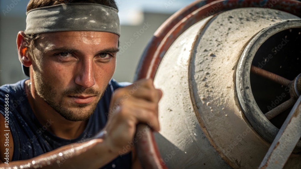 Aufkleber a medium closeup of a worker adjusting the handle of a concrete mixer sweat glistening on their fore