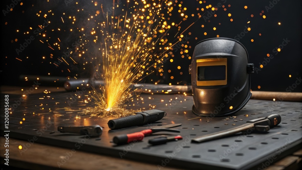 Aufkleber A medium closeup of a welding table with tools tered around where a cascade of golden sparks dances over the surface from an ongoing welding process.