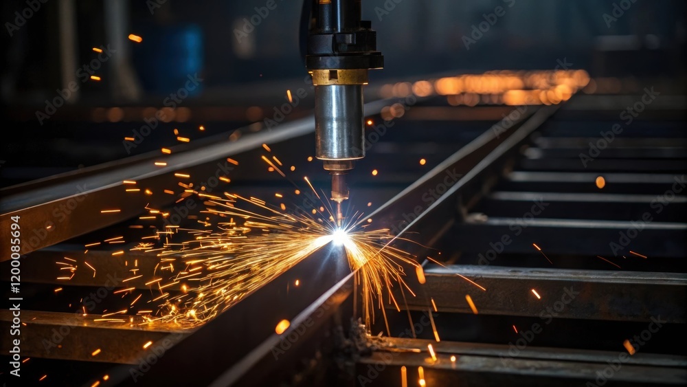 Poster a medium closeup of a welding torch in action sparks flying as a worker fabricates a metal structure