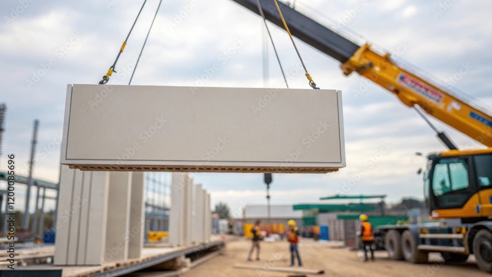 Poster a medium closeup of a wall panel being hoisted into place by a crane capturing the moment of assembl