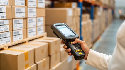 A medium closeup of a warehouse employee using a handheld device to scan the barcodes of packages highlighting the interaction between human and load management systems.