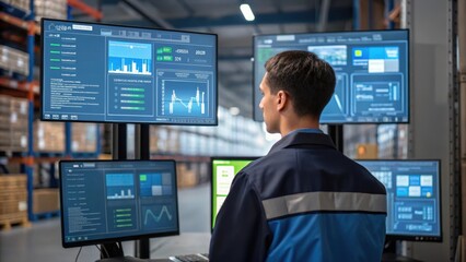 A medium closeup of a warehouse supervisor monitoring multiple screens filled with visual load statistics and alerts capturing the use of advanced technology in decisionmaking.