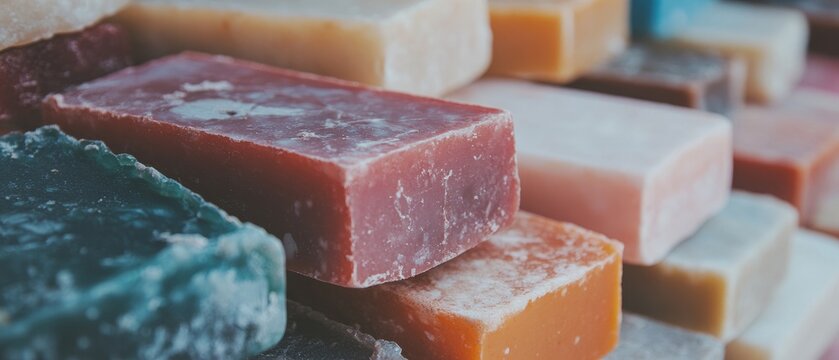 Handmade soap bars with natural additives showcase unique colors and textures